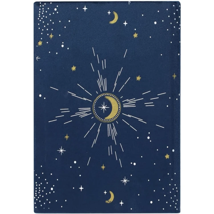Aksamitny notatnik A5 „Crescent Moon” ze złotymi gwiazdami, cytatem i wzorem konstelacji. Liniowane strony ze złotymi krawędziami, idealny jako dziennik, planer lub prezent dla miłośników kosmosu i ezoteryki.