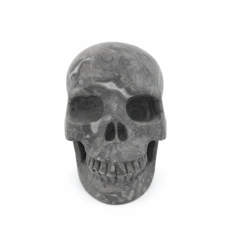 Kamienna czaszka fossil coral jaspis 1480 g naturalna rzeźba czaszki kamień harmonii i stabilizacji