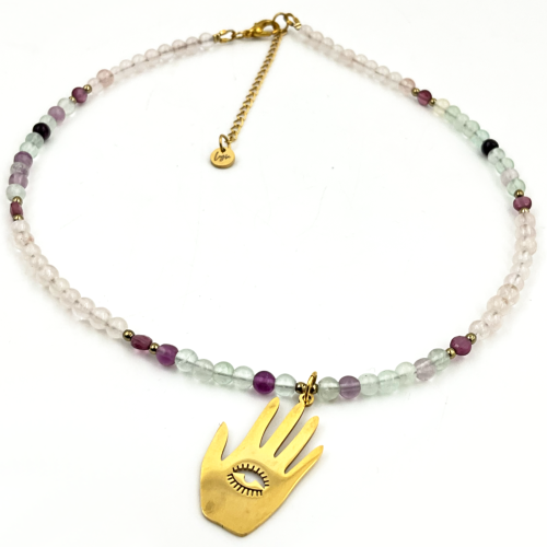naszyjnik fluoryt granat ręka hamsa kamienie naturalne 44 cm amulet ochrony i miłości strefa 3