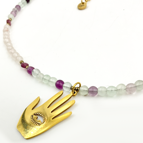 naszyjnik fluoryt granat ręka hamsa kamienie naturalne 44 cm amulet ochrony i miłości strefa 3