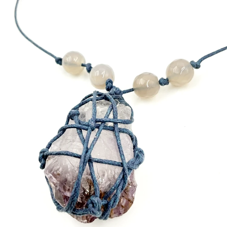 naszyjnik ametyst naturalny kamień pleciony rzemyk fioletowy amulet spokój intuicja strefa 3