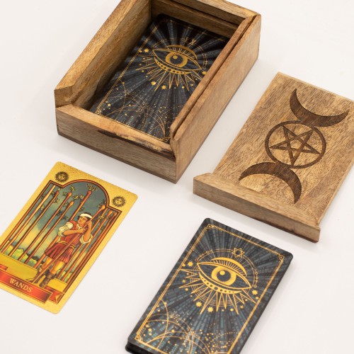 drewniane pudełko na karty tarota z uchwytem potrójna luna pentagram naturalne drewno