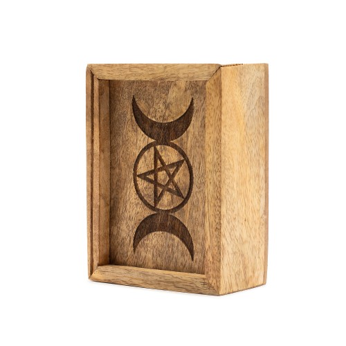 drewniane pudełko na karty tarota z uchwytem potrójna luna pentagram naturalne drewno